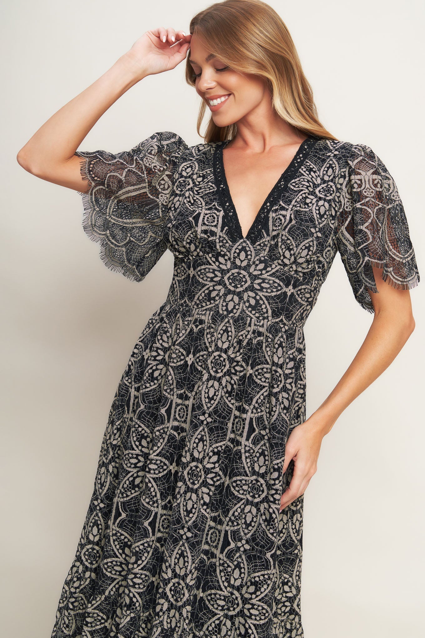 GOTHIC BLOOM WOVEN LACE MIDI DRESS Flying Tomato